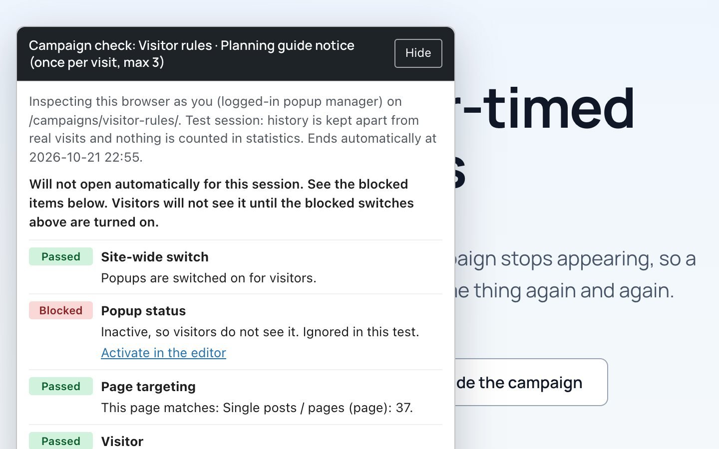 Campaign checker showing the visitor-rules campaign blocked by its once-per-visit rule