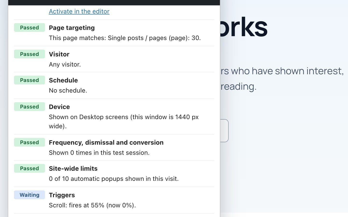 Campaign checker panel on a demo page, listing passed, waiting and blocked rules