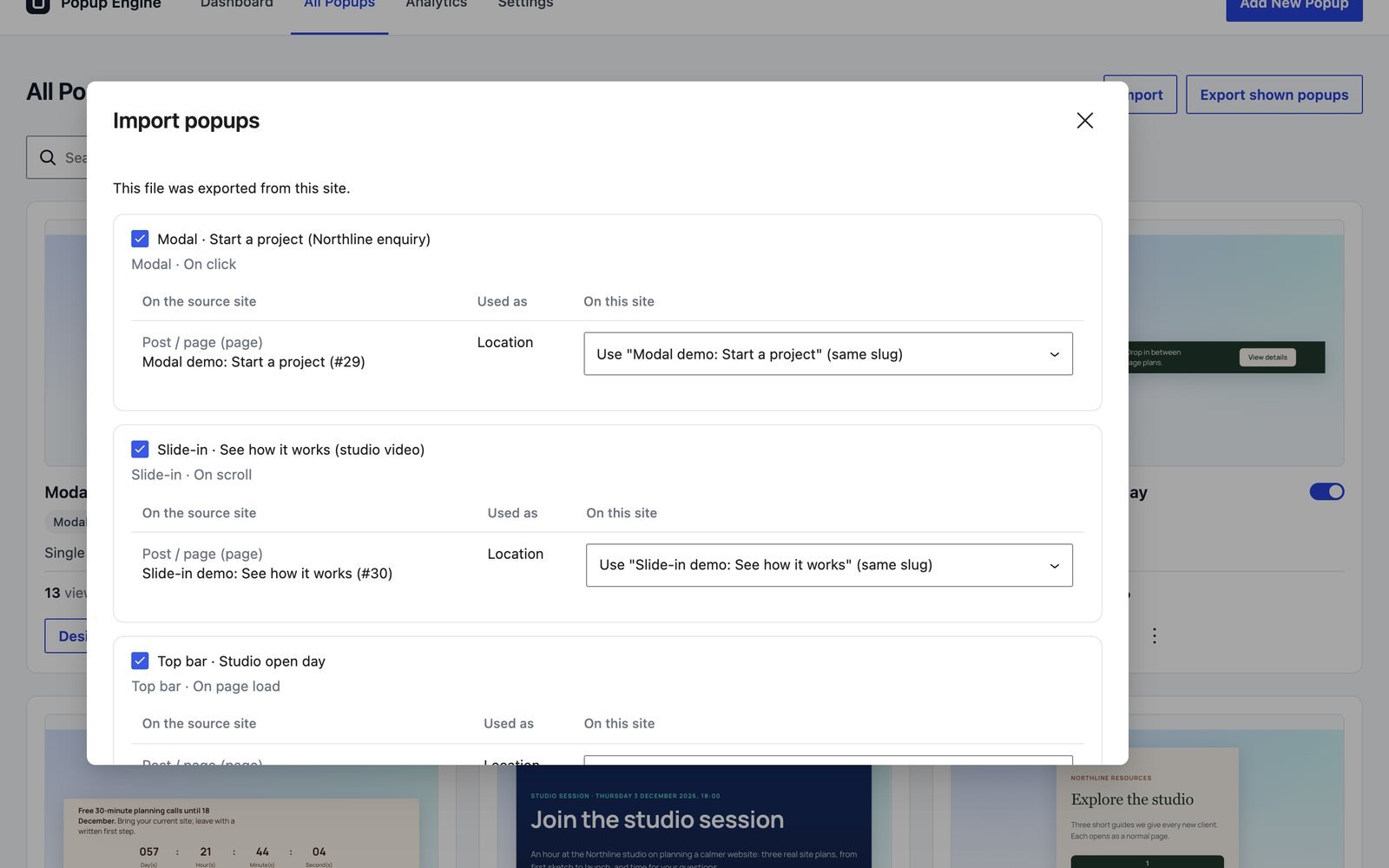 Popup Engine import review listing the ten demo campaigns and their target pages