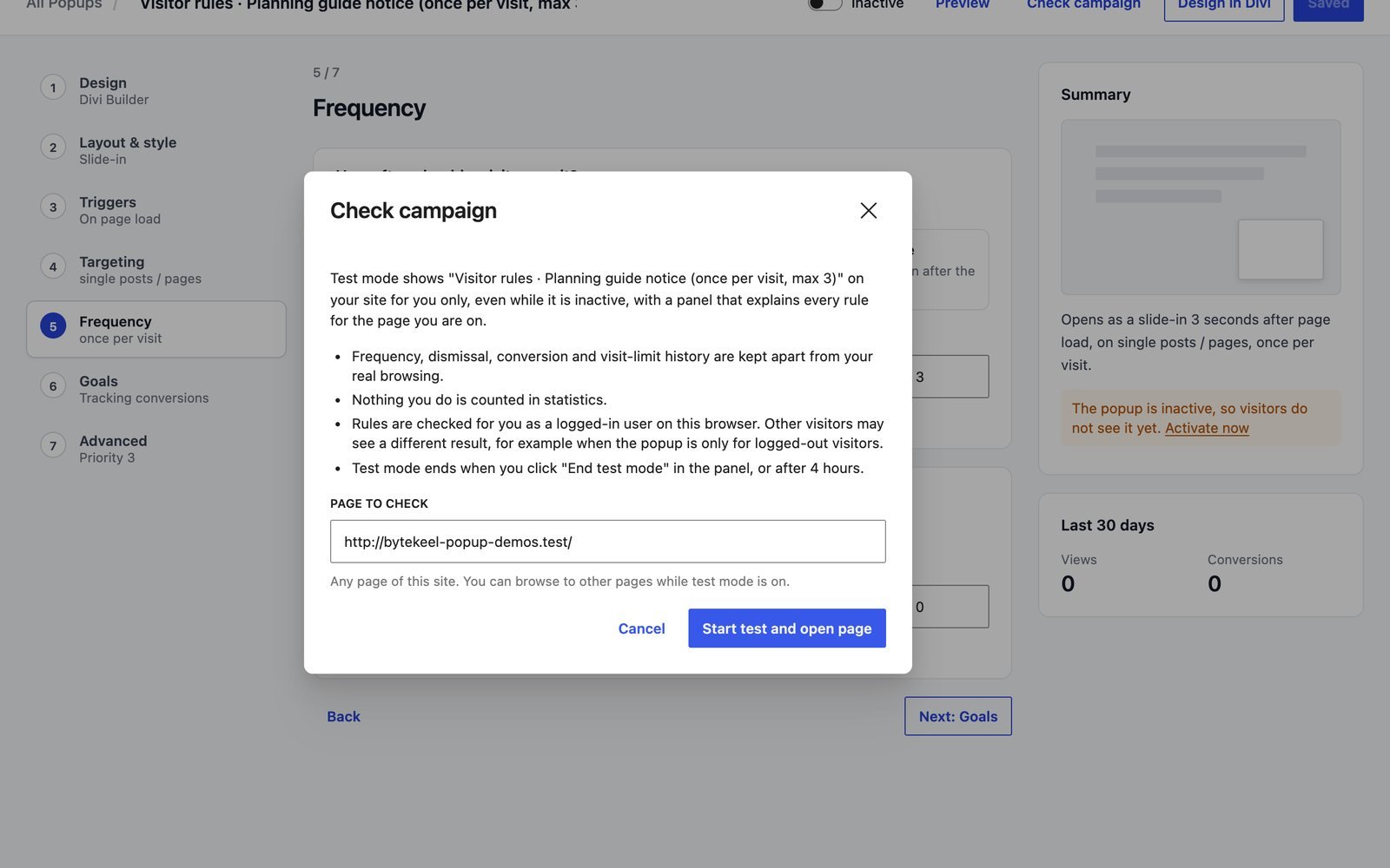 Popup Engine campaign list with test mode active for one campaign