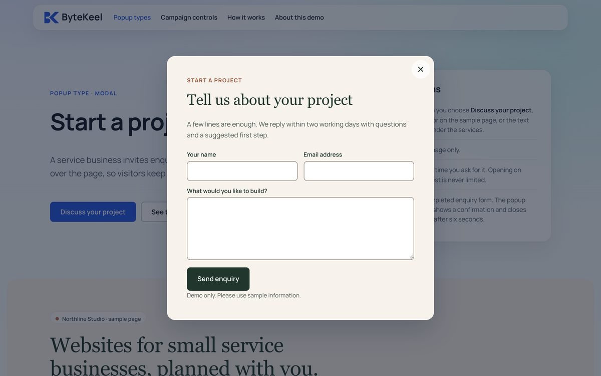 Editorial enquiry modal over the Northline services page