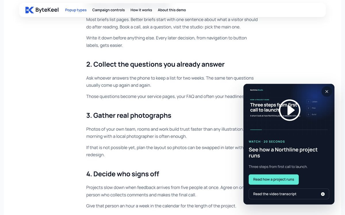 Dark video slide-in in the corner of an article