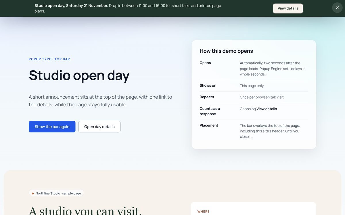 Green open-day announcement bar